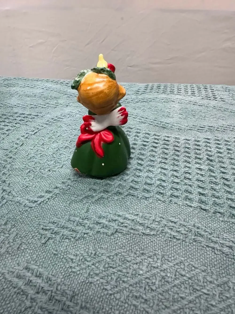 Vintage Lefton Christmas Angel Figurine Green Dress Playing Horn with Bird